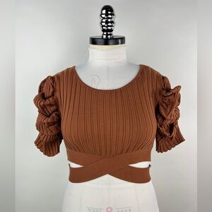 💚 3009. Brown Ribbed Puff Sleeve Crop Top